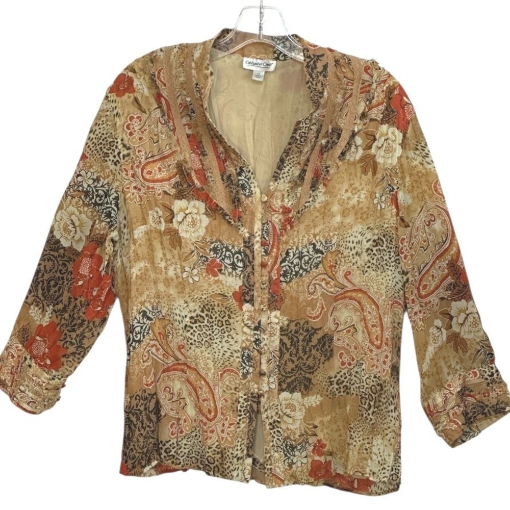 Coldwater Creek Blouse Pleated Leopard Floral Print Button Front‎ Boho Gold M